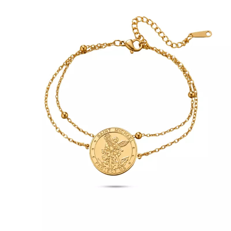 Pulseira Dupla Medalha São Miguel Arcanjo Dourada Santo Altar