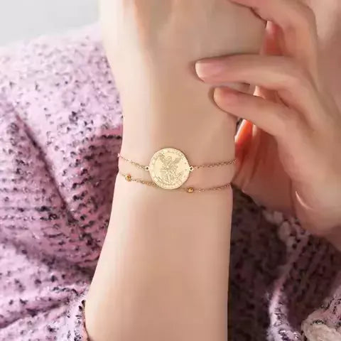 Pulseira Dupla Medalha São Miguel Arcanjo Dourada Santo Altar